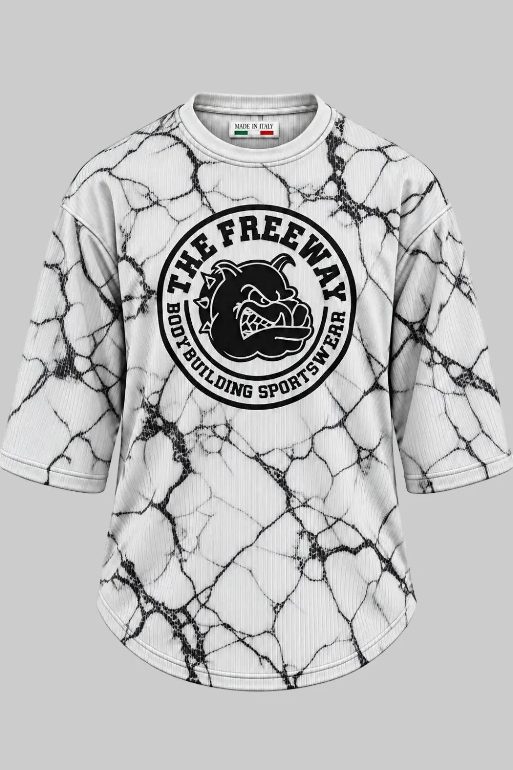 Men's white marbled rounded bodybuilding rag top Thefreeway Sportswear art. 2272 worn by a male model, full-body front view