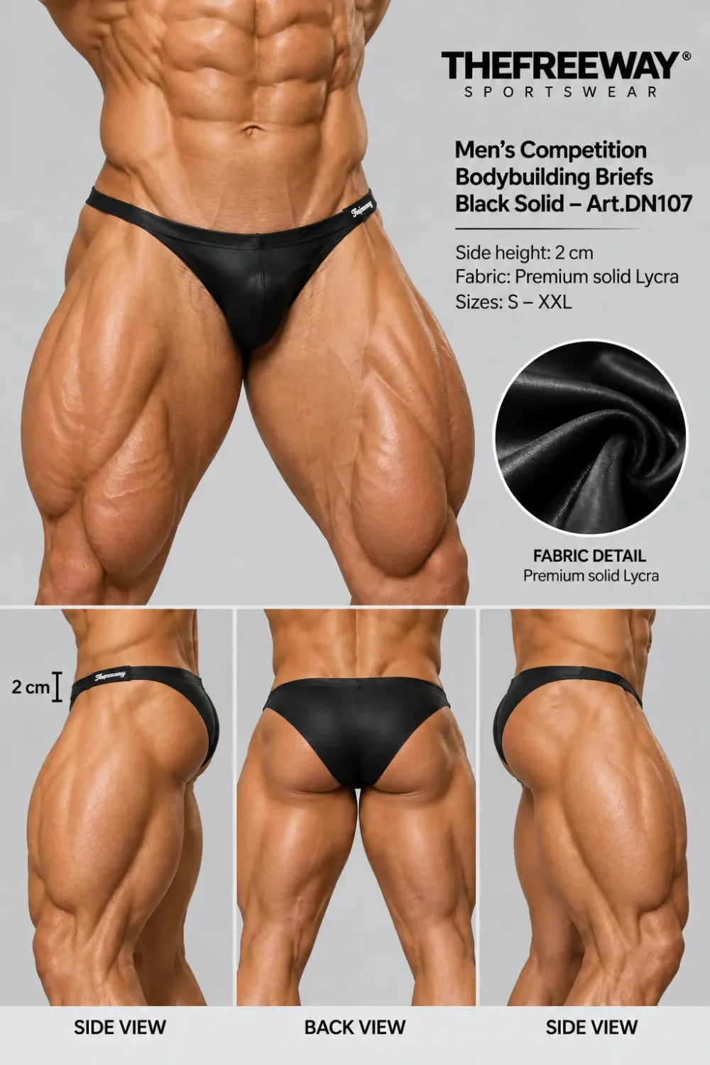 Competition Bodybuilding Briefs Black Solid Art.DN107 by Thefreeway Sportswear, front product view