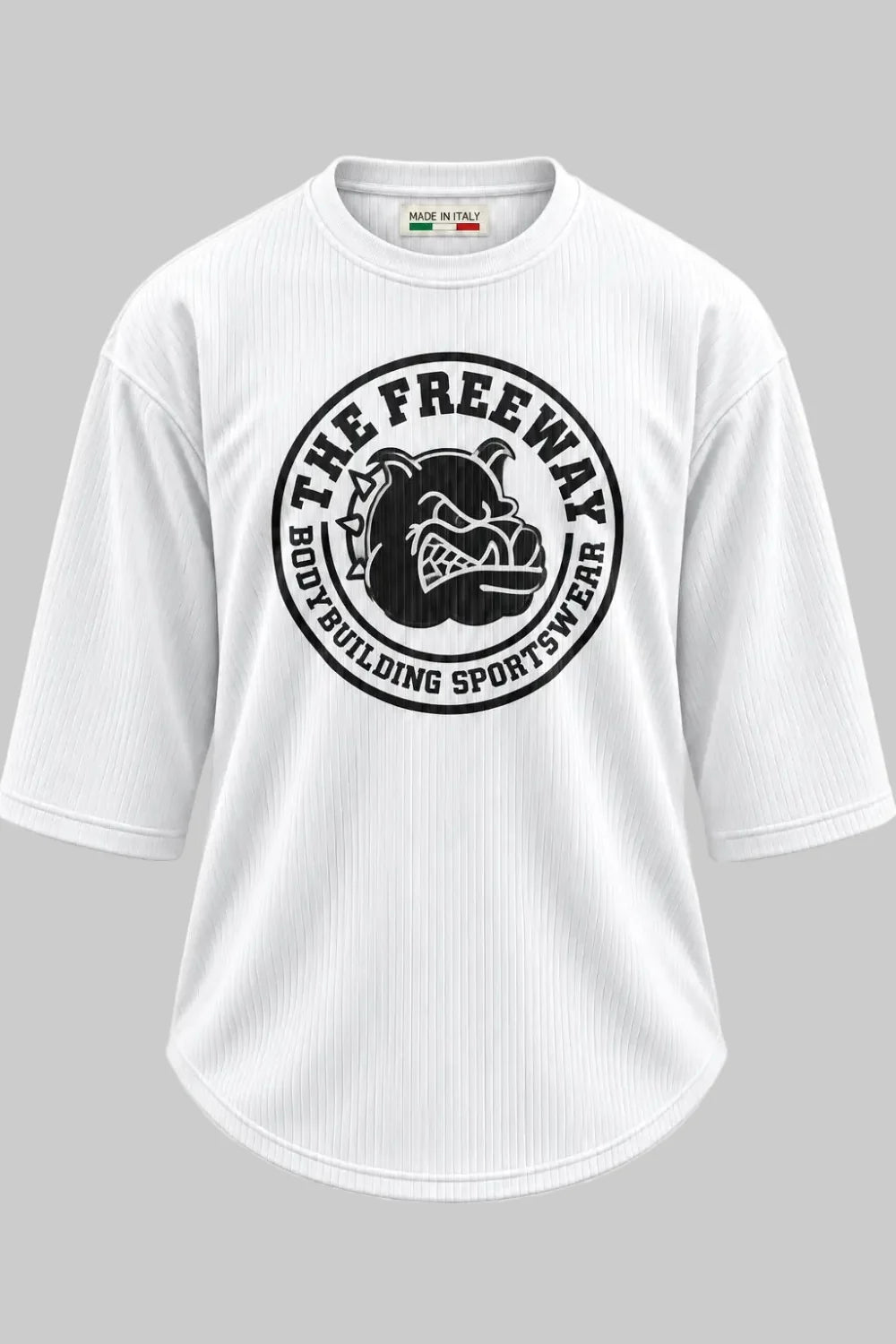 Men's white rounded bodybuilding rag top Thefreeway Sportswear art. 2272 worn by a male model, front close-up with large black logo