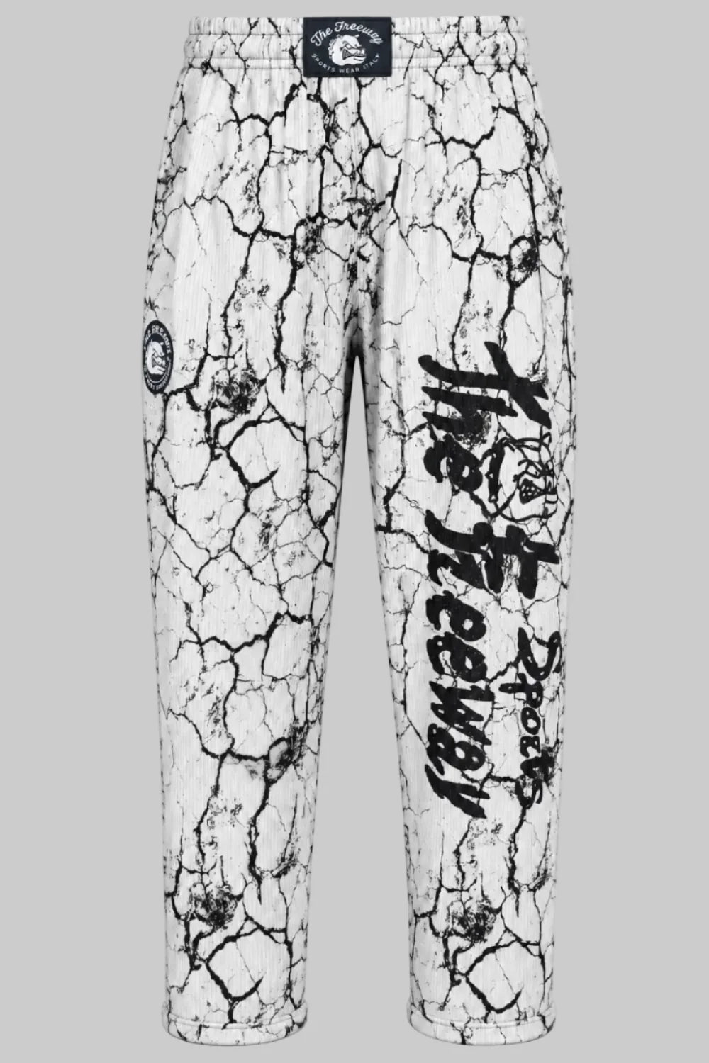 Unisex white marbled bodybuilding training pants Thefreeway Sportswear art. 252 worn by male and female models, front view