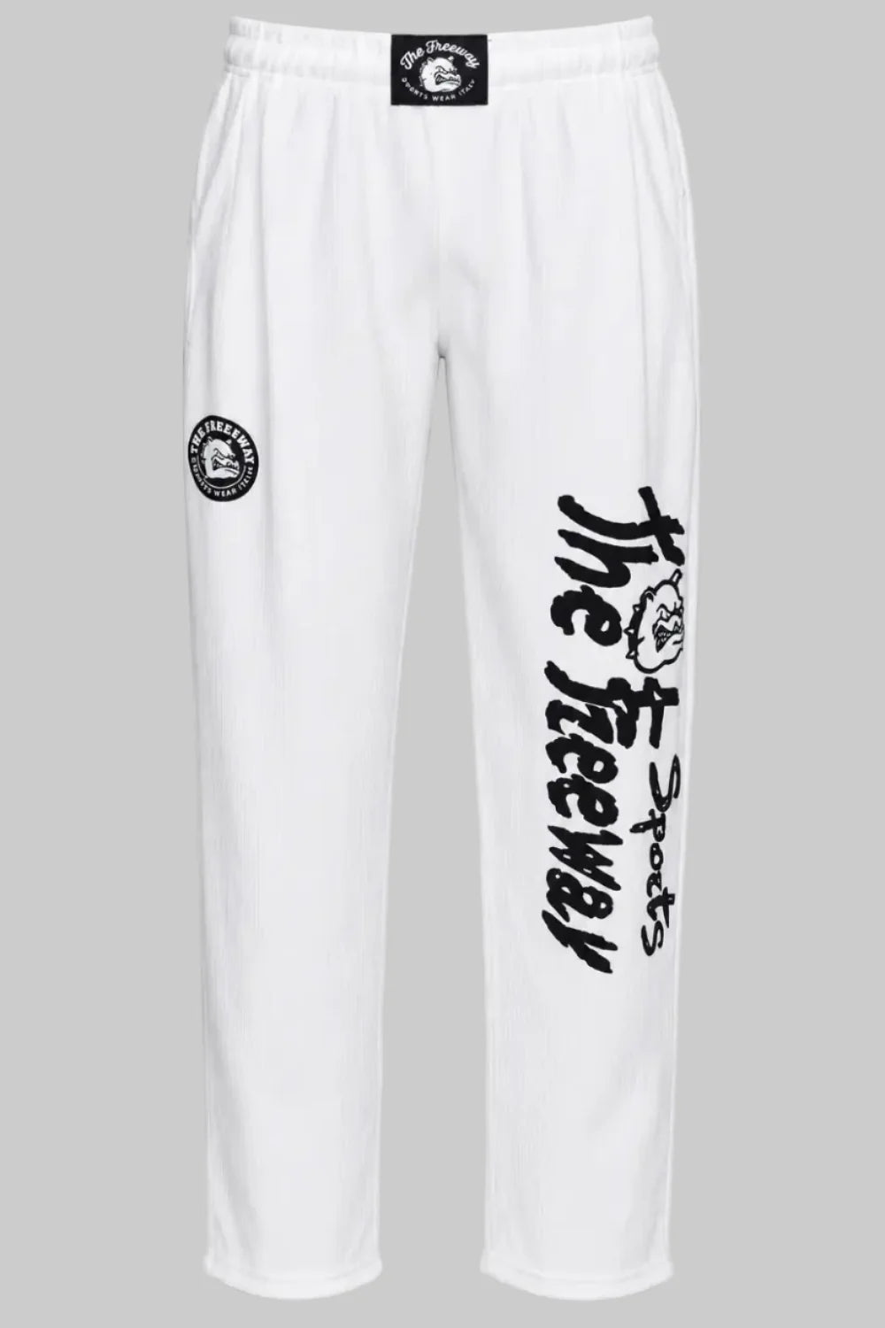 Unisex white bodybuilding training pants by Thefreeway Sportswear worn by a female model with matching hoodie, front view