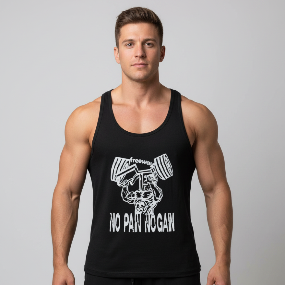 Modello con canotta bodybuilding nera Thefreeway modello vogatore con stampa No Pain No Gain