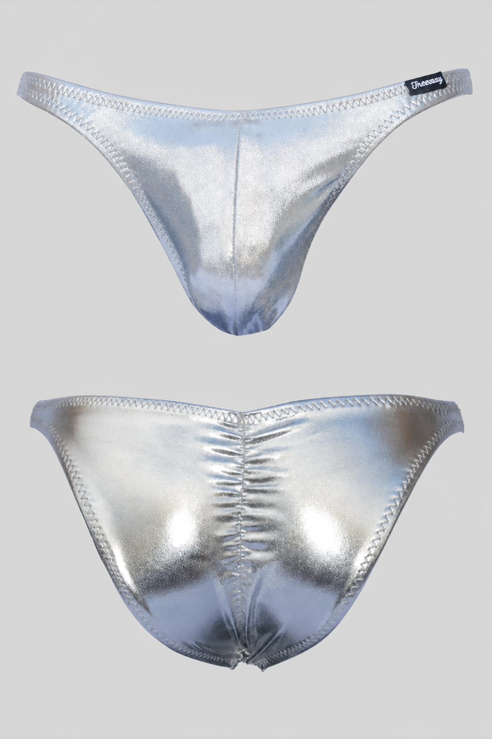 Thefreeway DN108 Competition Bodybuilding Briefs Pro in silver laminated Lycra, standalone front product view