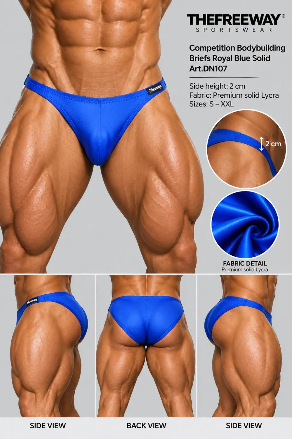 Thefreeway DN107 Competition Bodybuilding Briefs in royal blue solid Lycra, standalone front product view