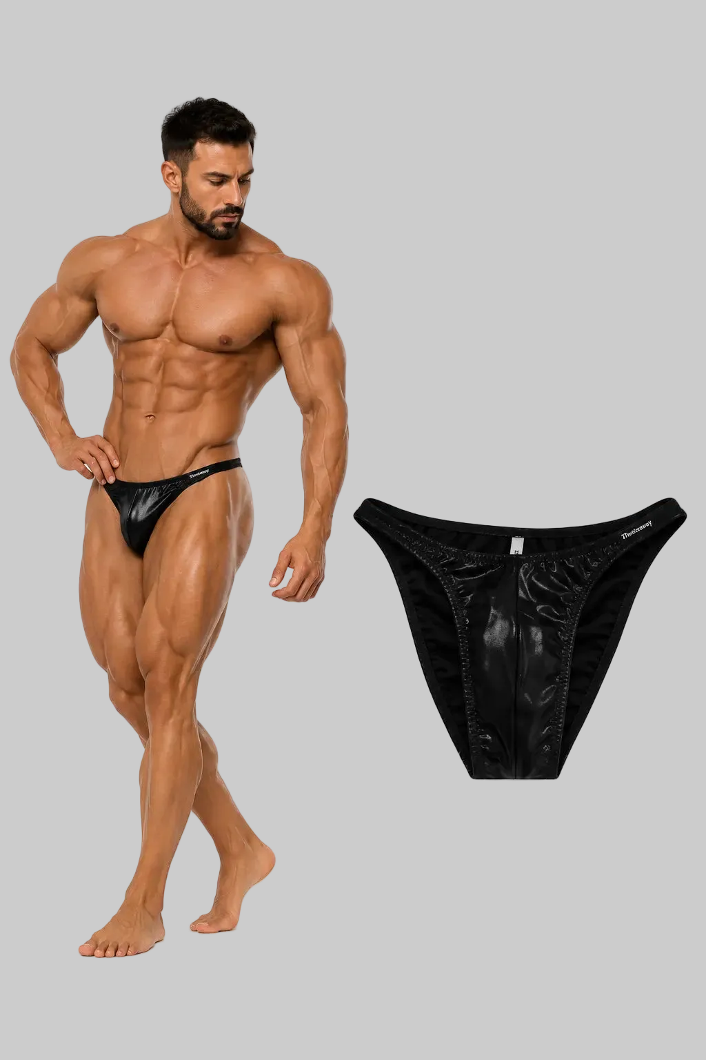 Thefreeway DN109 black laminated competition bodybuilding posing trunks, front product view