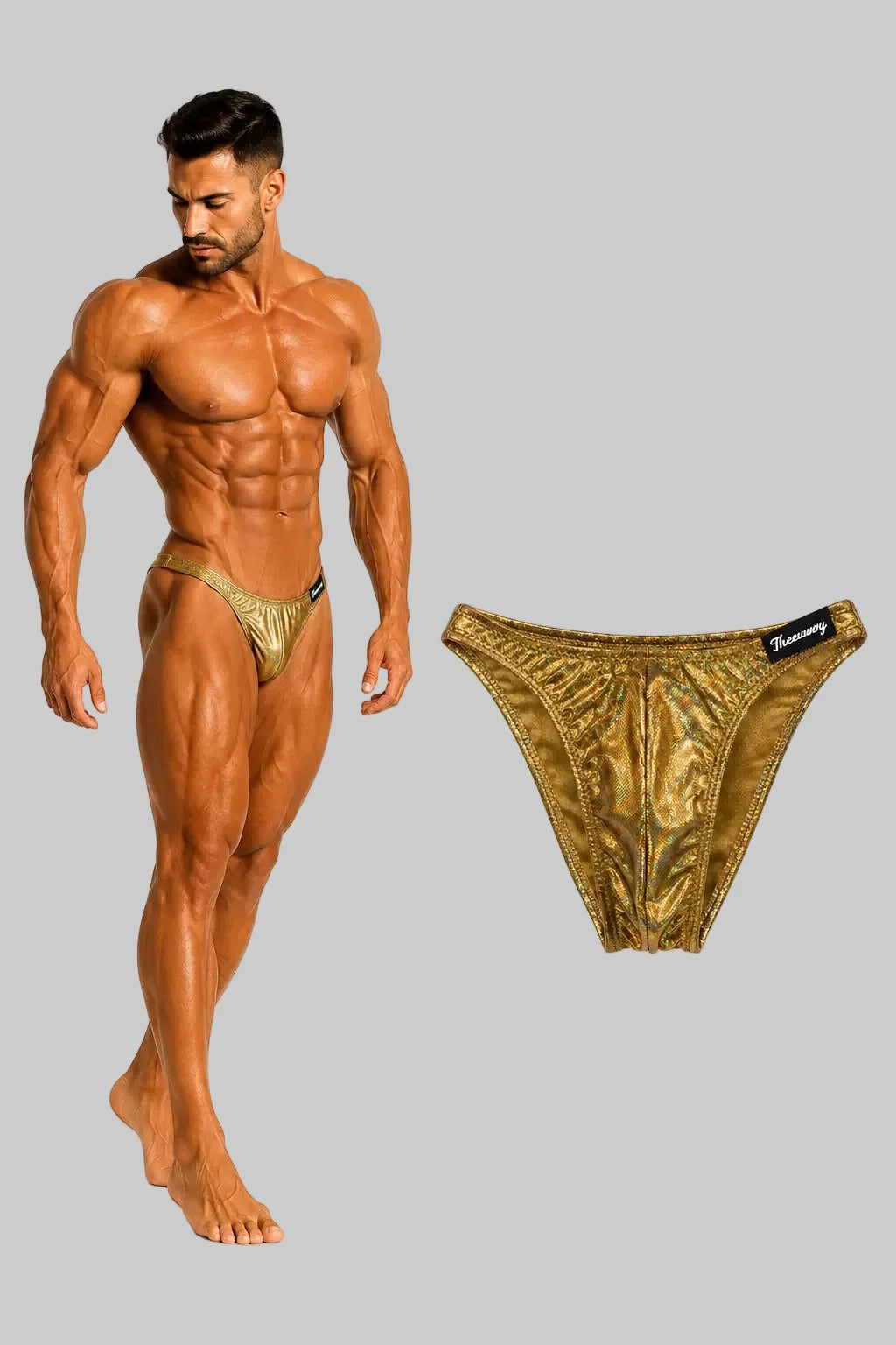 Thefreeway DN109 gold and black laminated competition bodybuilding posing trunks worn by a male bodybuilder with standalone product view