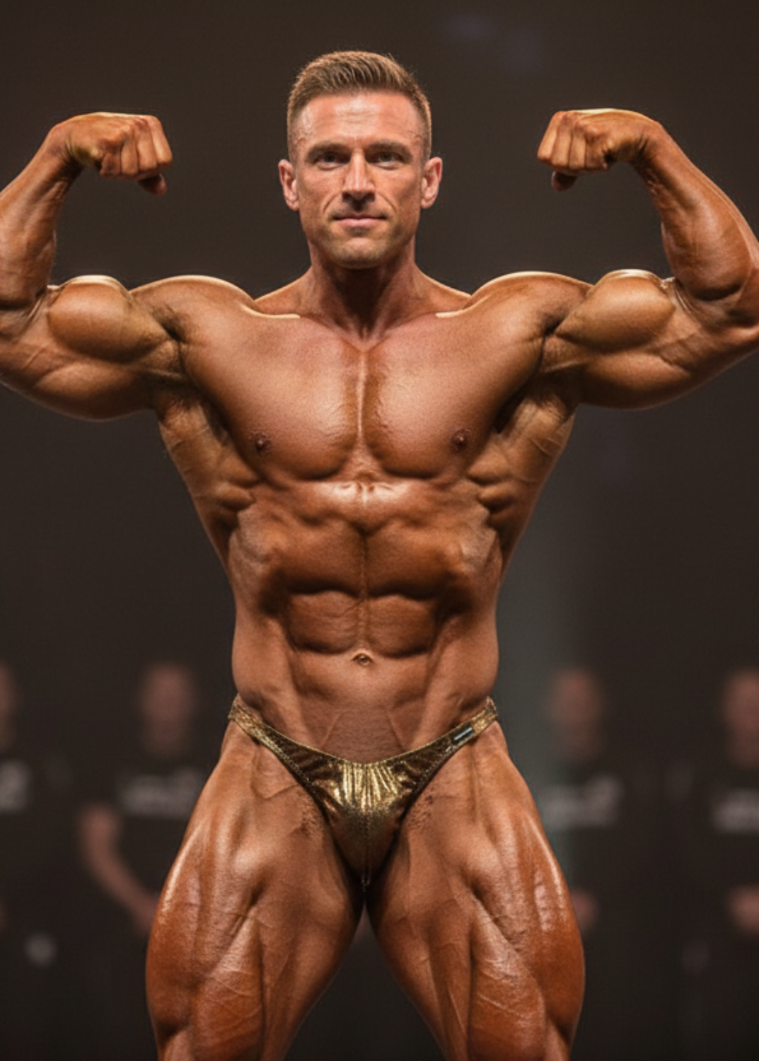 Thefreeway DN109 gold and black laminated competition bodybuilding posing trunks worn by a male bodybuilder on stage in a front double biceps pose
