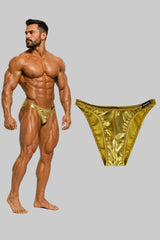 Thefreeway DN109 gold laminated competition bodybuilding posing trunks worn by a male bodybuilder with standalone product view