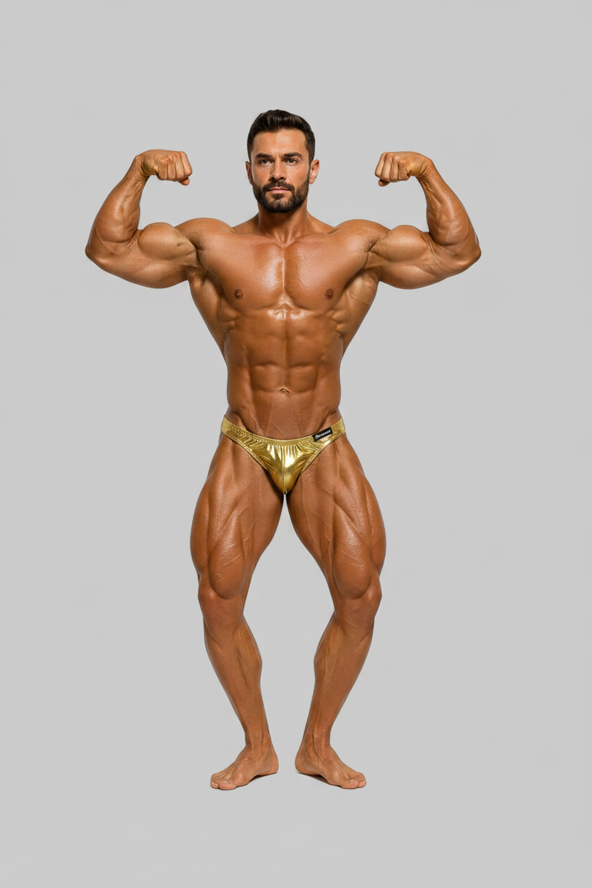 Thefreeway DN109 gold laminated competition bodybuilding posing trunks, front product view