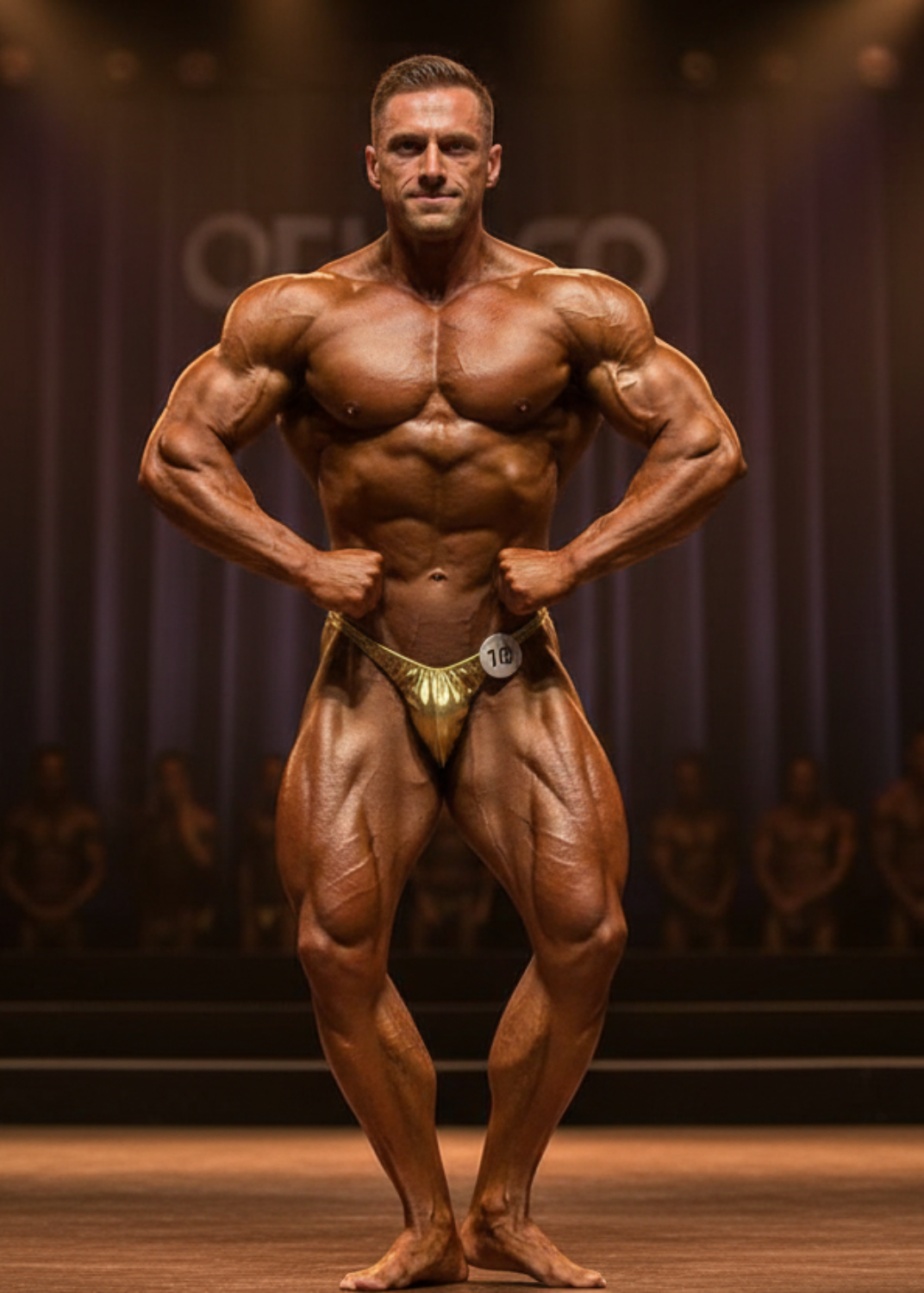 Thefreeway DN109 gold laminated competition bodybuilding posing trunks worn by a male bodybuilder on stage in a front lat spread pose