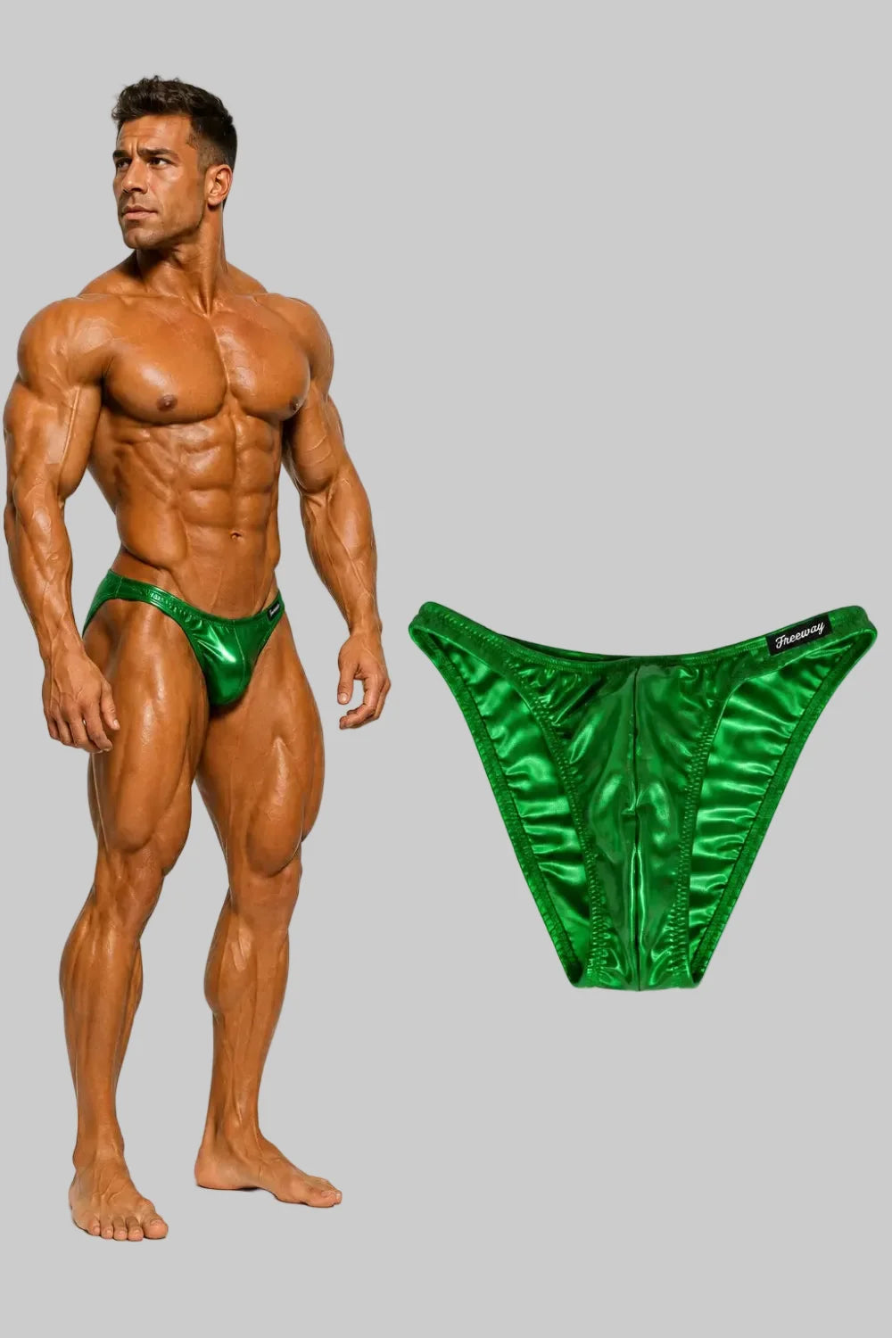 Thefreeway DN109 green laminated competition bodybuilding posing trunks worn by a male bodybuilder with standalone product view