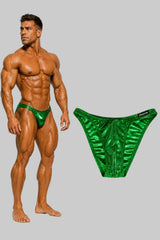 Thefreeway DN109 green laminated competition bodybuilding posing trunks worn by a male bodybuilder with standalone product view