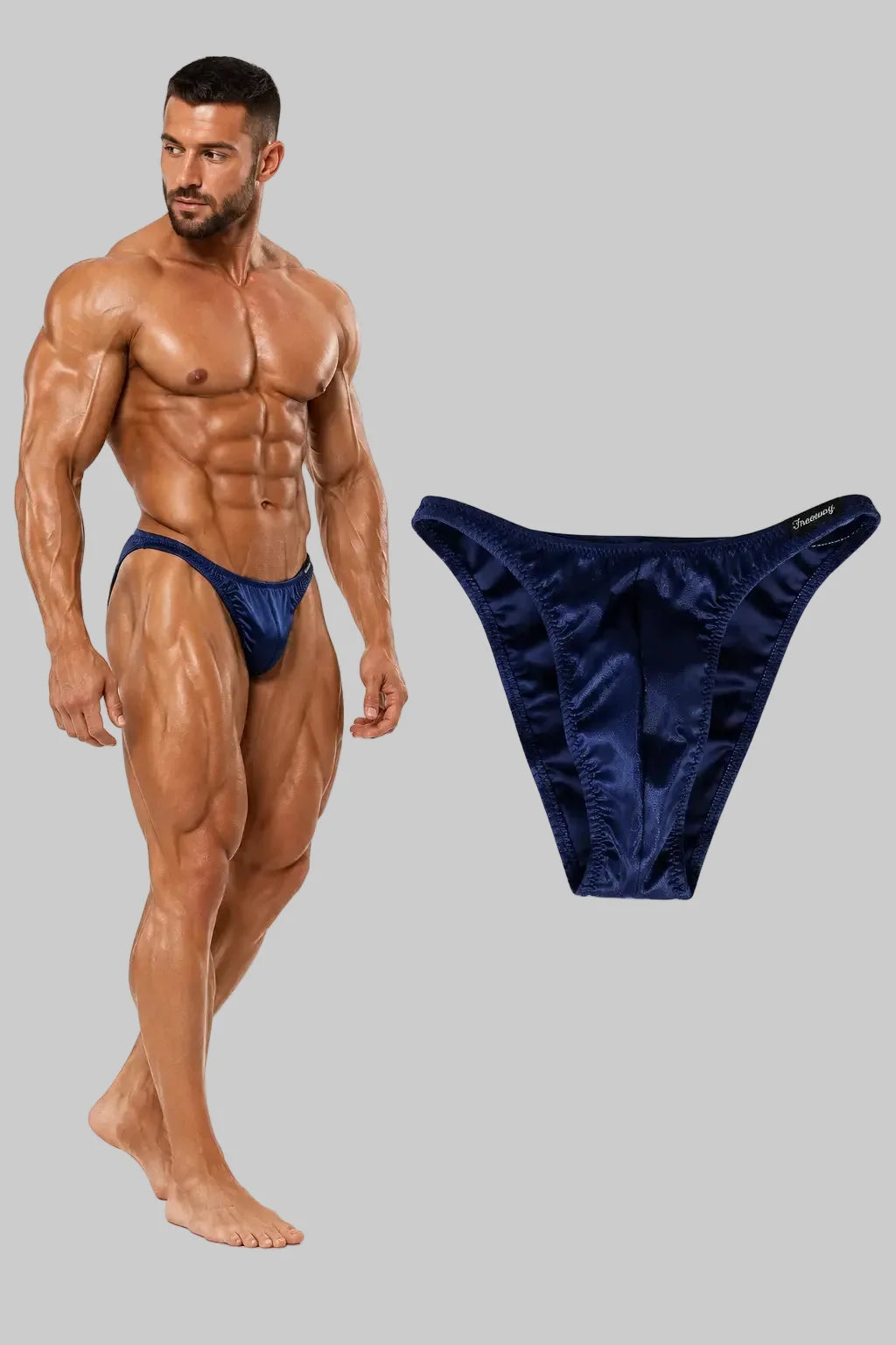 Thefreeway DN109 navy blue laminated competition bodybuilding posing trunks worn by a male bodybuilder with standalone product view