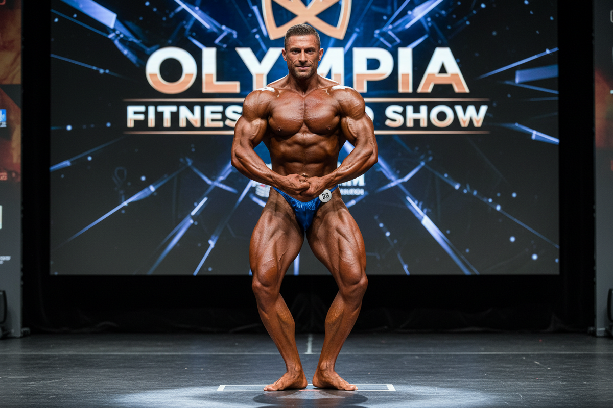 Thefreeway DN109 navy blue laminated competition bodybuilding posing trunks worn by a male bodybuilder on stage in a most muscular pose
