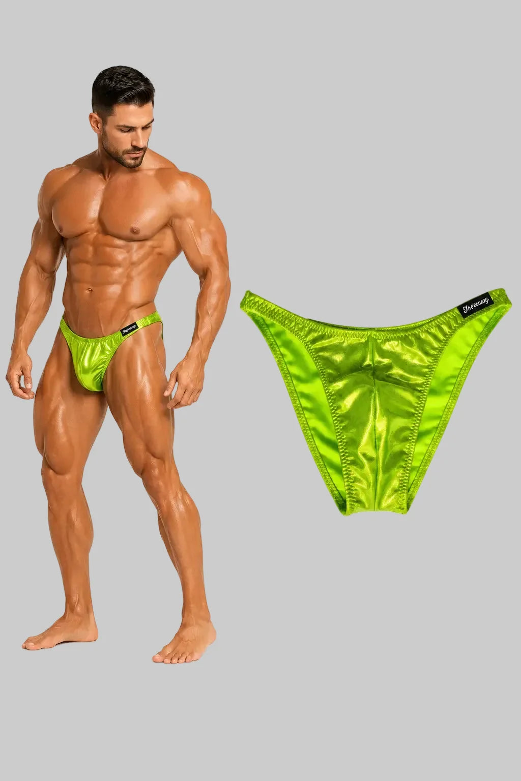 Thefreeway DN109 pistachio green laminated competition bodybuilding posing trunks worn by a male bodybuilder with standalone product view