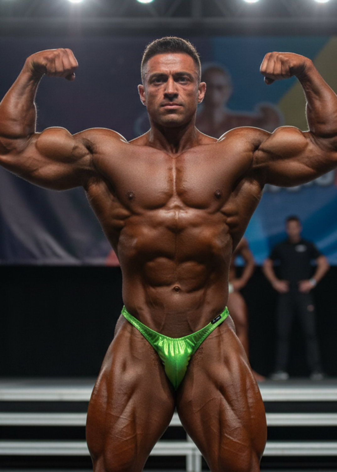 Thefreeway DN109 pistachio green laminated competition bodybuilding posing trunks worn on stage by a male bodybuilder in a front double biceps pose