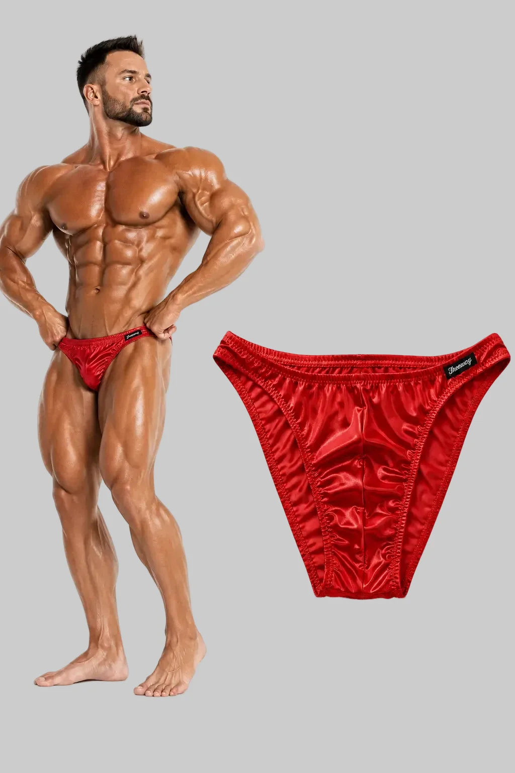 Thefreeway DN109 red competition bodybuilding posing trunks worn by a male bodybuilder with standalone product view