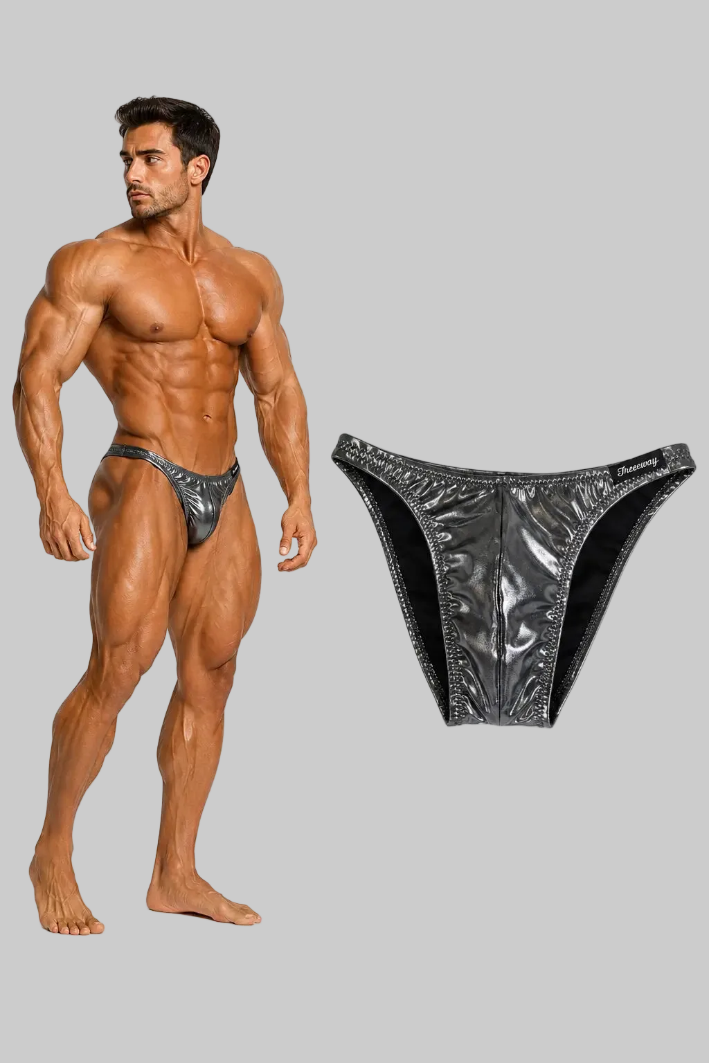Thefreeway DN109 silver and black laminated competition bodybuilding posing trunks, front product view