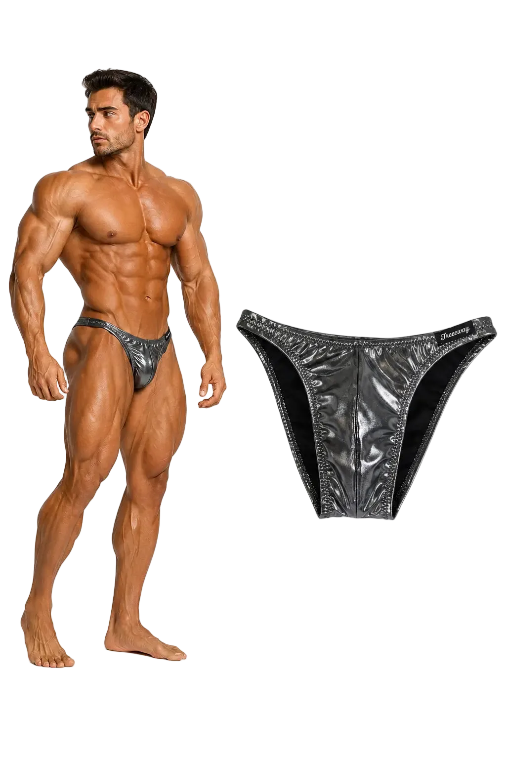 Thefreeway DN109 silver and black laminated competition bodybuilding posing trunks, rear product view