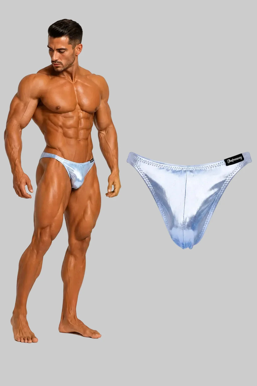 Thefreeway DN109 silver laminated competition bodybuilding posing trunks worn by a male bodybuilder with standalone product view