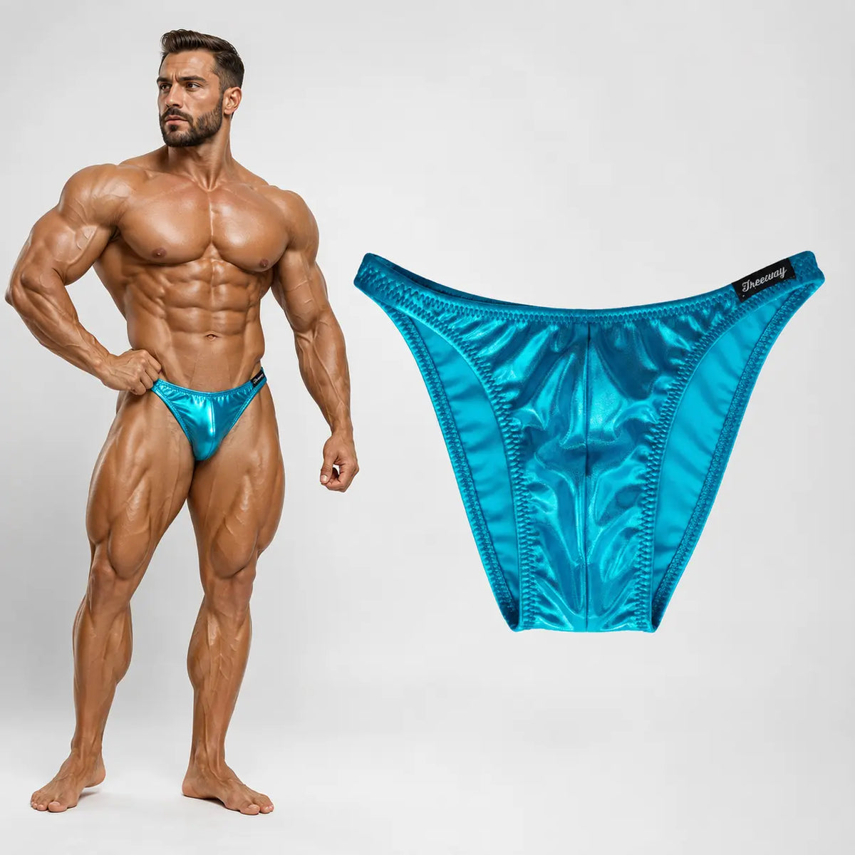 Thefreeway DN109 turquoise laminated competition bodybuilding posing trunks worn by a male bodybuilder in a front pose with standalone product view
