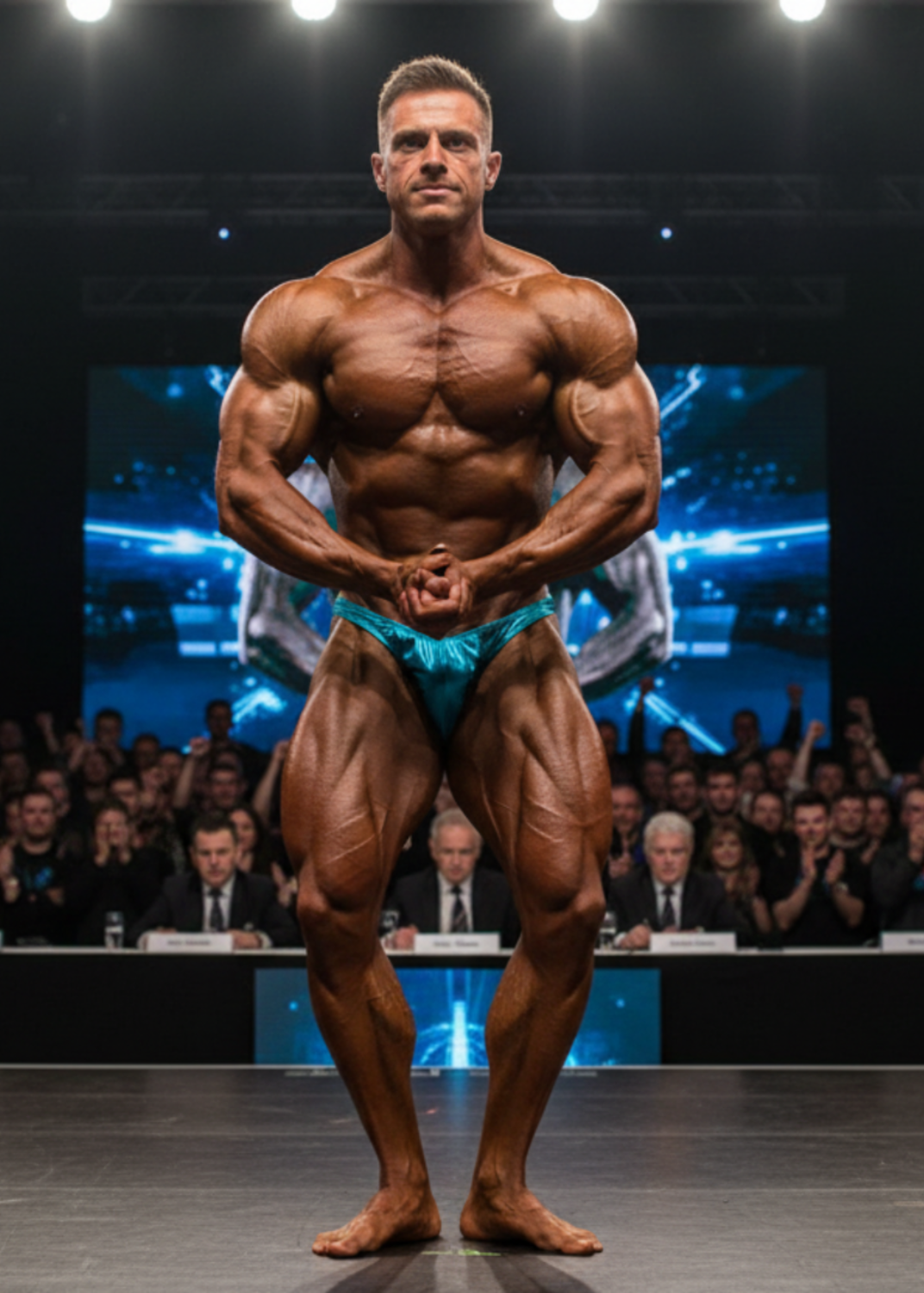 Thefreeway DN109 turquoise laminated competition bodybuilding posing trunks worn by a male bodybuilder on stage in a most muscular pose