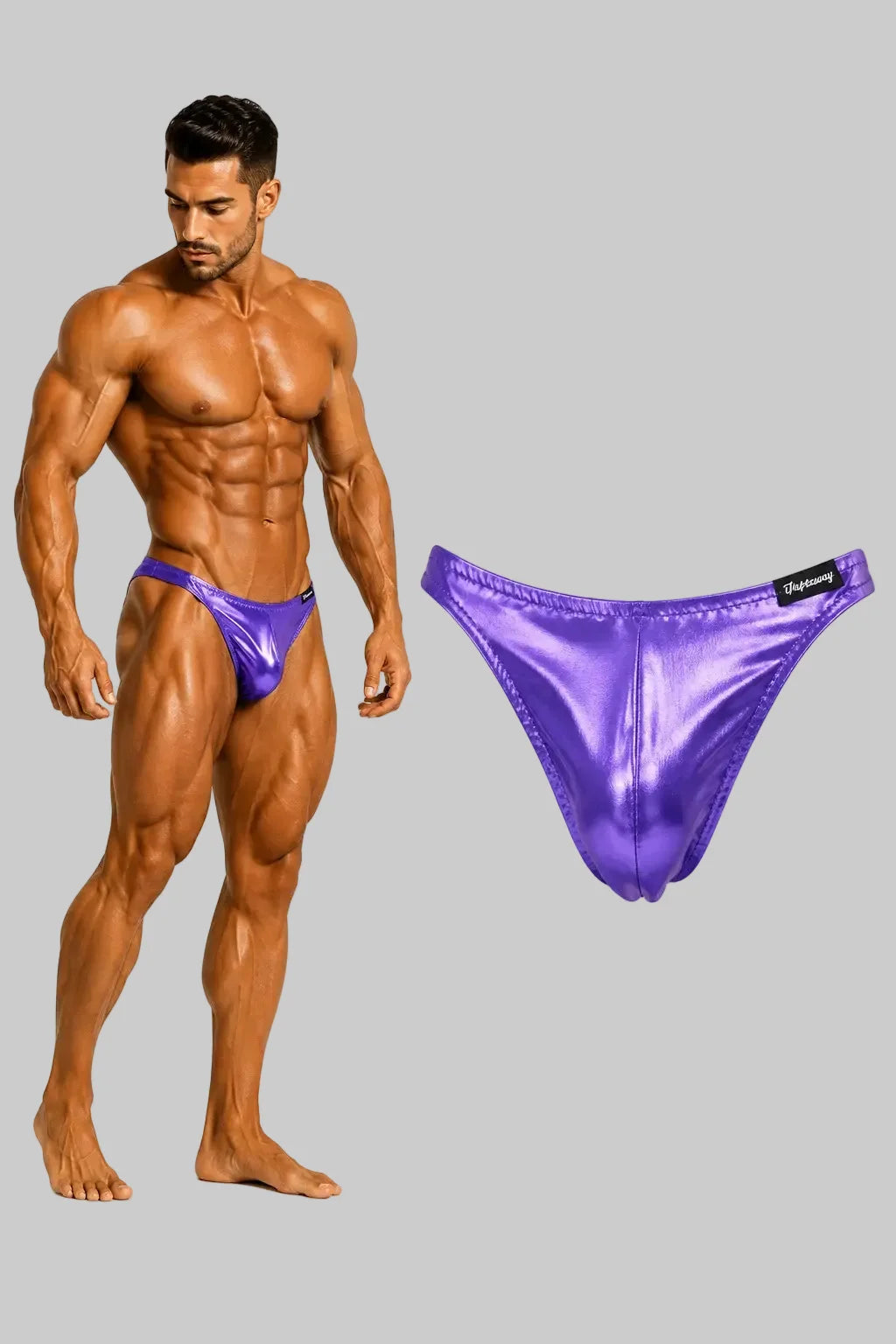 Thefreeway DN109 violet laminated competition bodybuilding posing trunks worn by a male bodybuilder with standalone product view