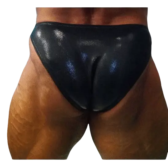 Modello uomo con costume bodybuilding da competizione nero laminato Thefreeway Art. DN109 in Lycra, vista posteriore