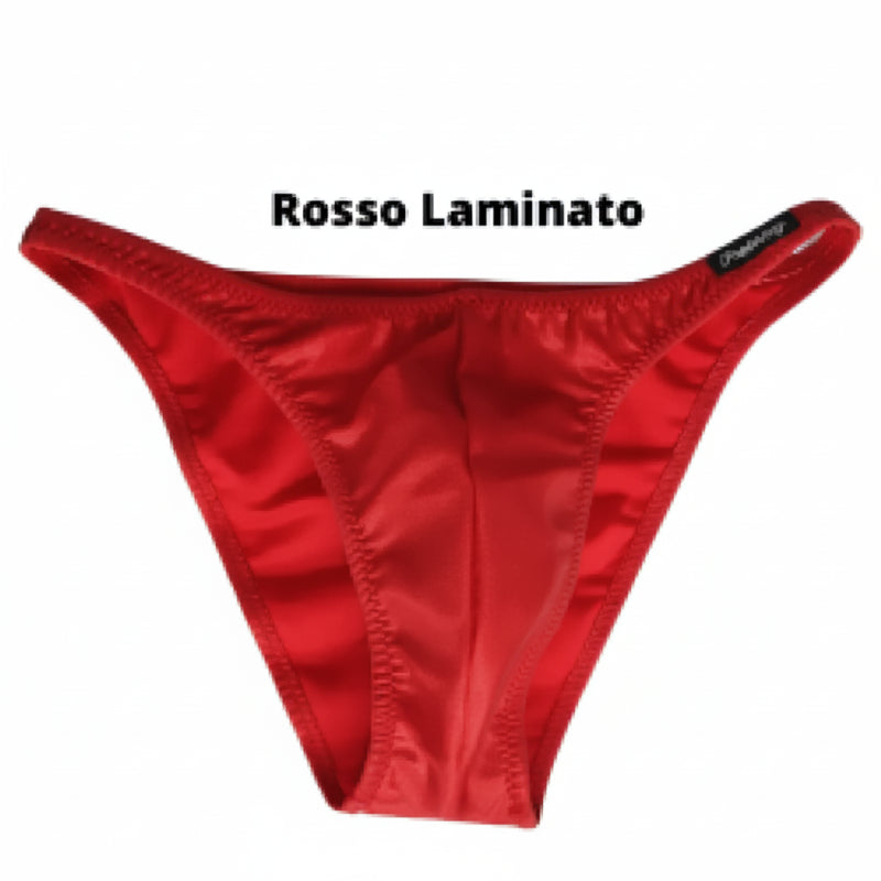 Costume bodybuilding da competizione rosso laminato Thefreeway Art. DN109 in Lycra, vista frontale