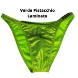 Costume bodybuilding da competizione verde pistacchio laminato Thefreeway Art. DN109 in Lycra, vista frontale