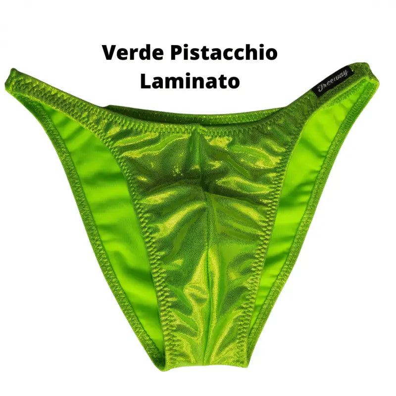 Costume bodybuilding da competizione verde pistacchio laminato Thefreeway Art. DN109 in Lycra, vista frontale