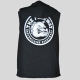 Retro del gilet bodybuilding nero Thefreeway con cappuccio e grande logo bianco posteriore