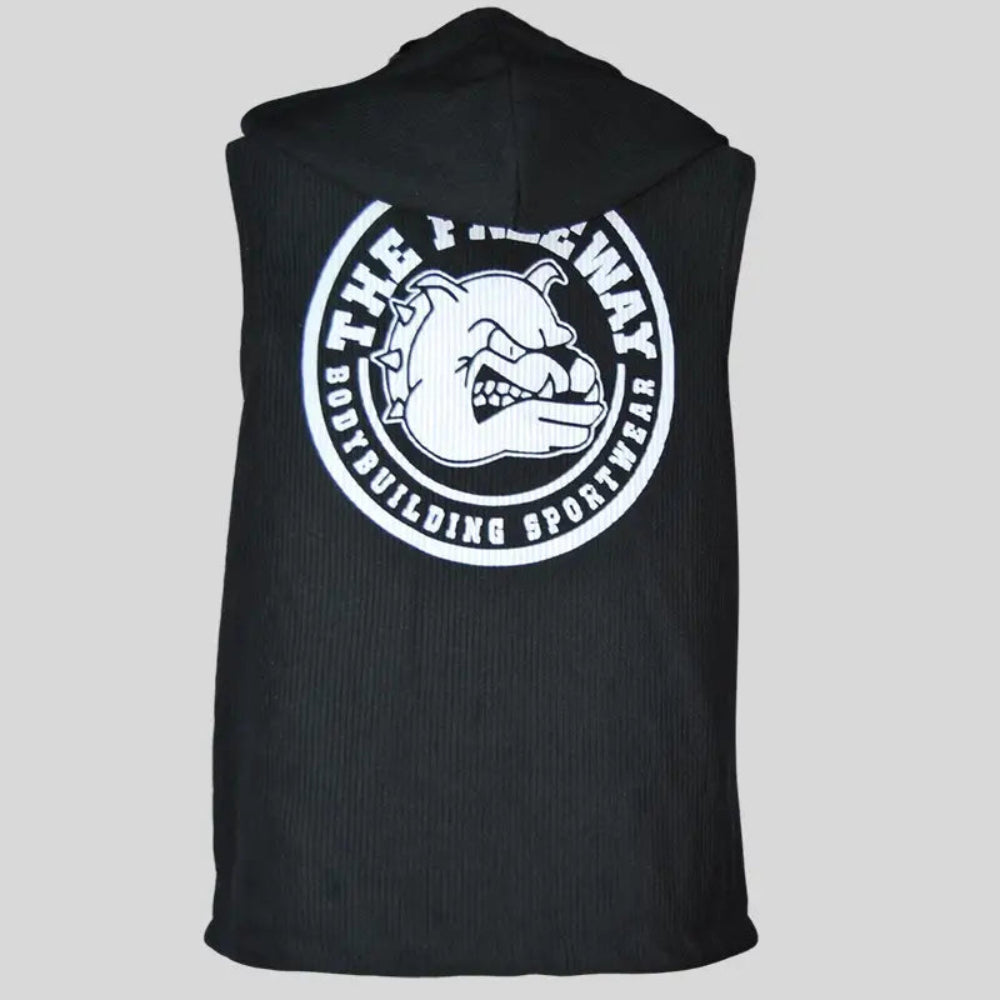 Retro del gilet bodybuilding nero Thefreeway con cappuccio e grande logo bianco posteriore