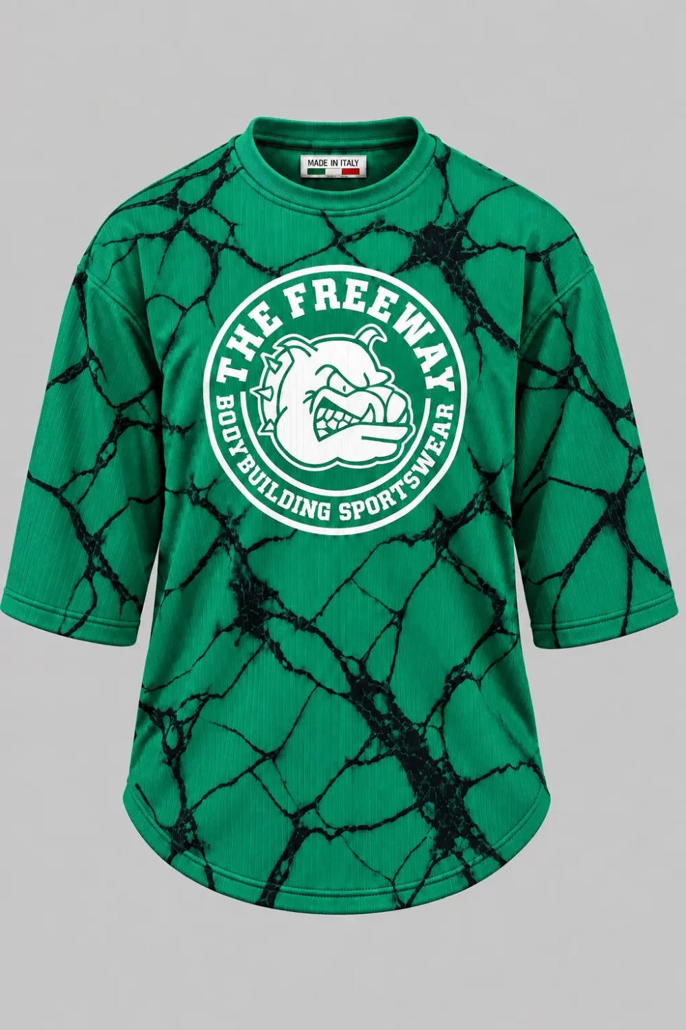Men's green marbled rounded bodybuilding rag top by Thefreeway Sportswear worn by a male model, front view with large white logo