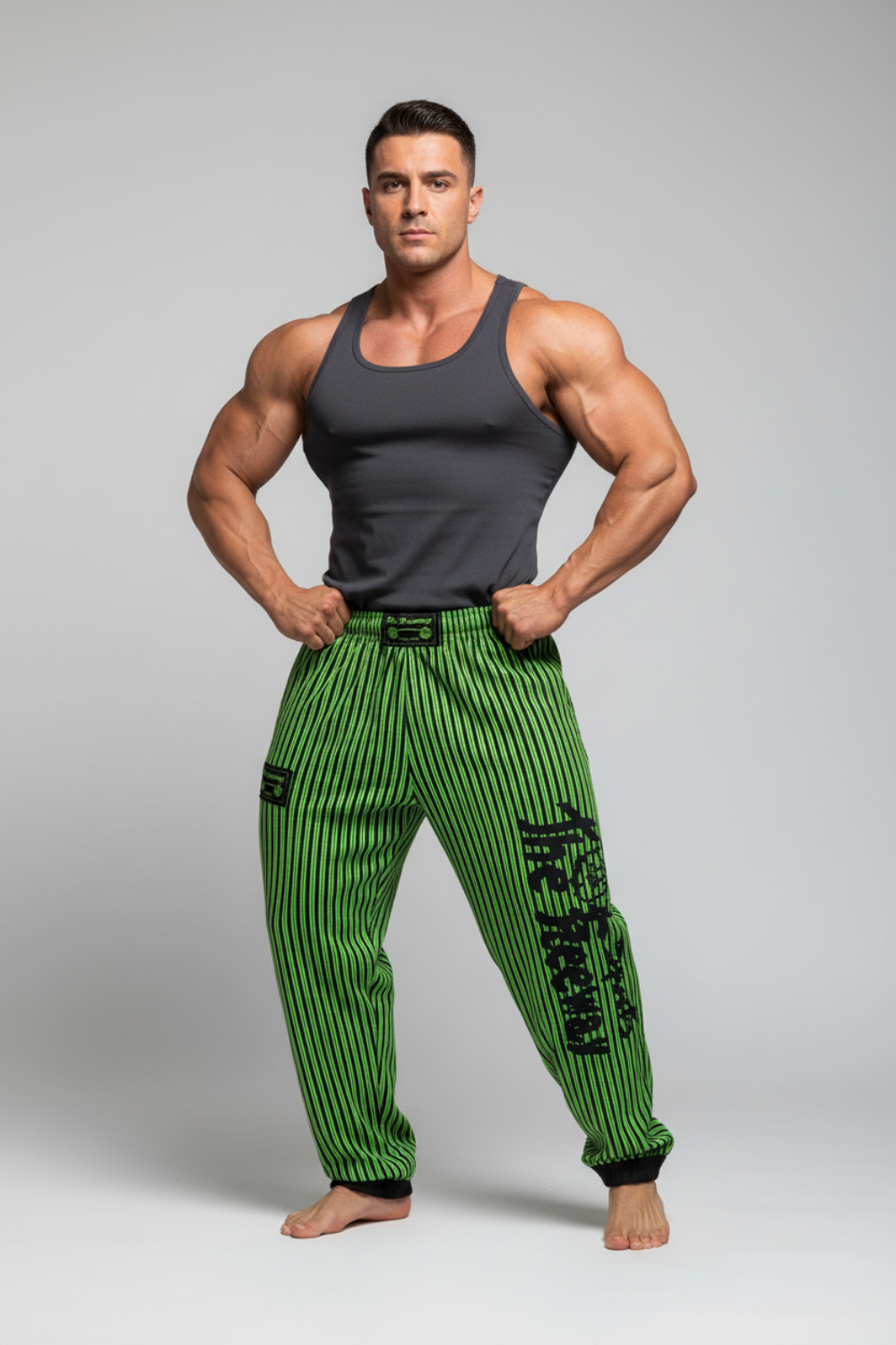 Pantaloni Allenamento Bodybuilding Verde-Fluo/Righe Nere Unisex Art.253