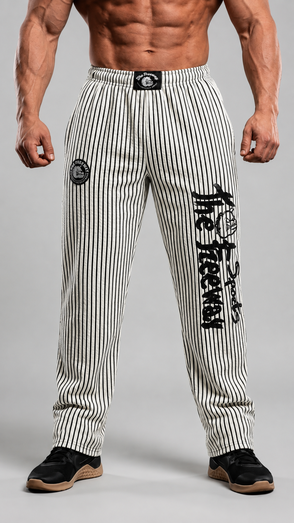 Bodybuilder con pantaloni unisex bianchi a righe nere Thefreeway con logo nero sulla gamba