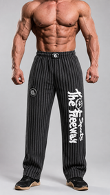Bodybuilder con pantaloni unisex grigio e nero a righe Thefreeway con logo bianco sulla gamba
