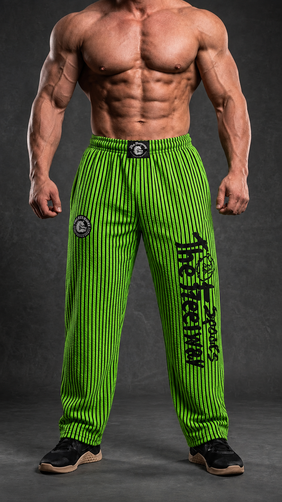Bodybuilder con pantaloni unisex verde fluo a righe nere Thefreeway con logo nero sulla gamba