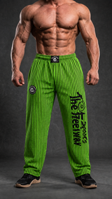 Bodybuilder con pantaloni unisex verde fluo a righe nere Thefreeway con logo nero sulla gamba