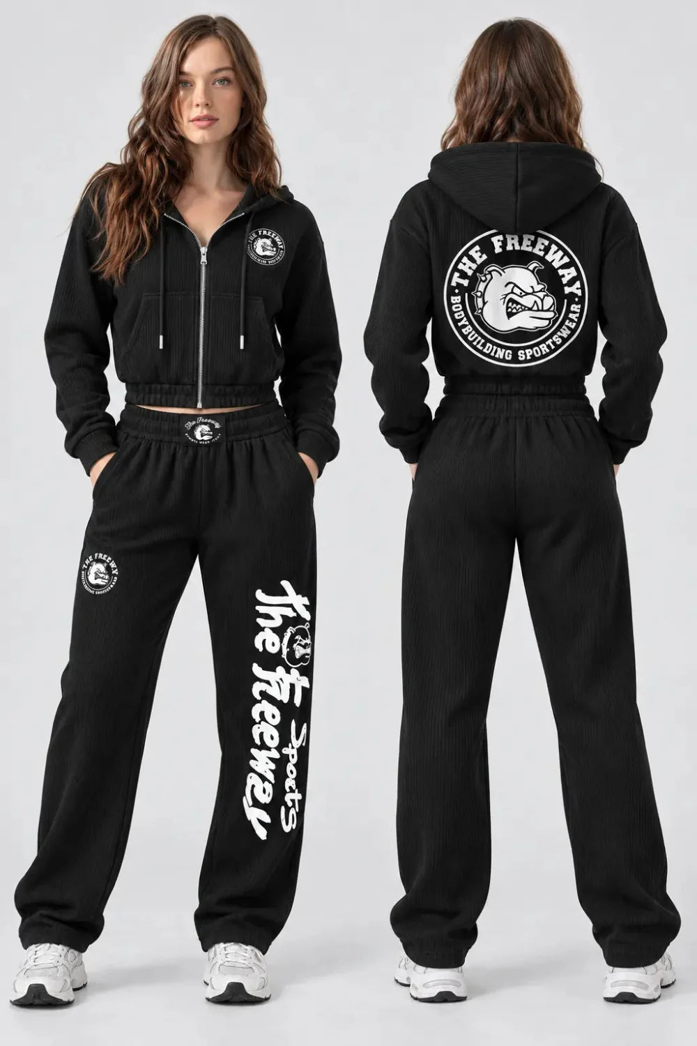 Thefreeway women's black training suit with cropped zip hoodie and matching pants, front and back view