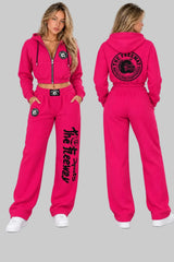 Thefreeway women's fuchsia training suit with cropped zip hoodie and loose-fit pants, front and back view
