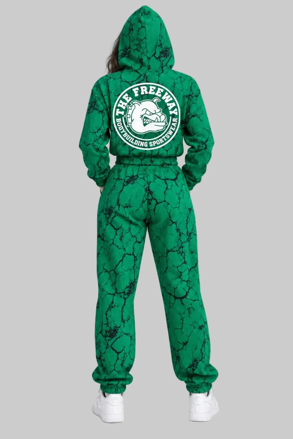Thefreeway women's green marble training suit with cropped hooded jacket and matching pants, back view, Art. 7870