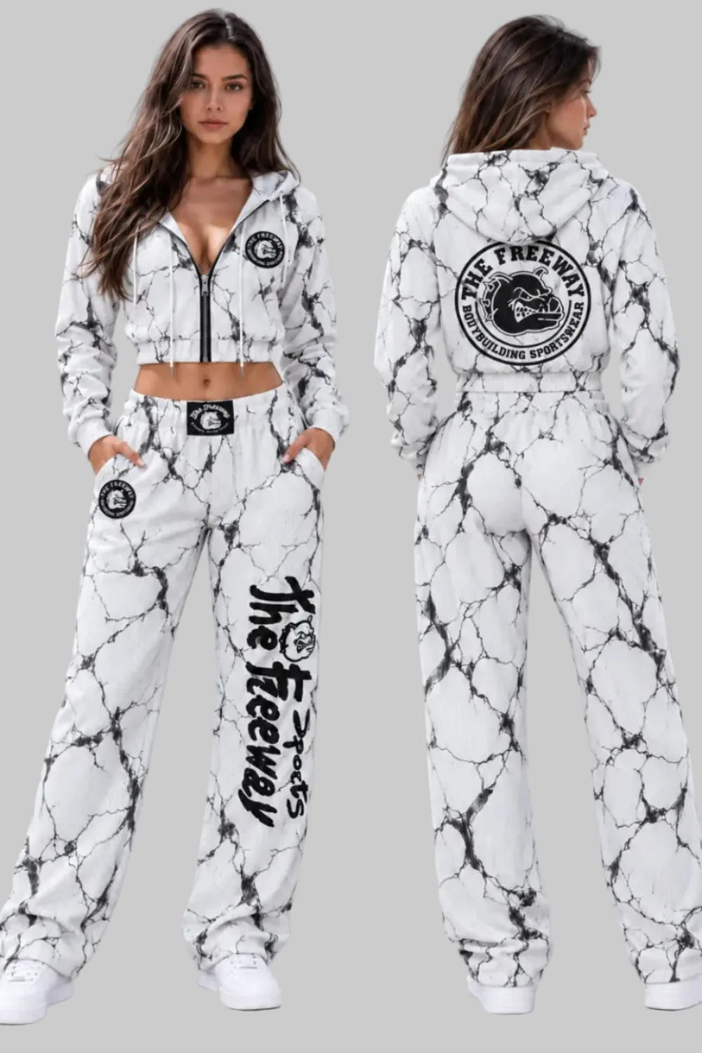 Thefreeway women's white marble training suit with cropped zip hoodie and wide-leg pants, front and back view, Art. 7870