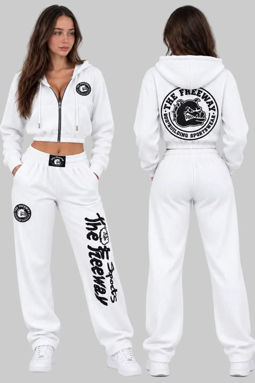 Thefreeway women's white training suit with cropped zip hoodie and matching pants, front and back view, Art. 7870